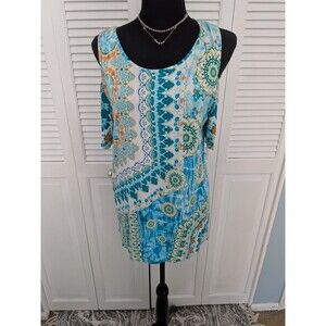 Chico's Top Women M/1 Geo Lagoon Cold Shoulder Tunic Aqua Blue Abstract Stretch